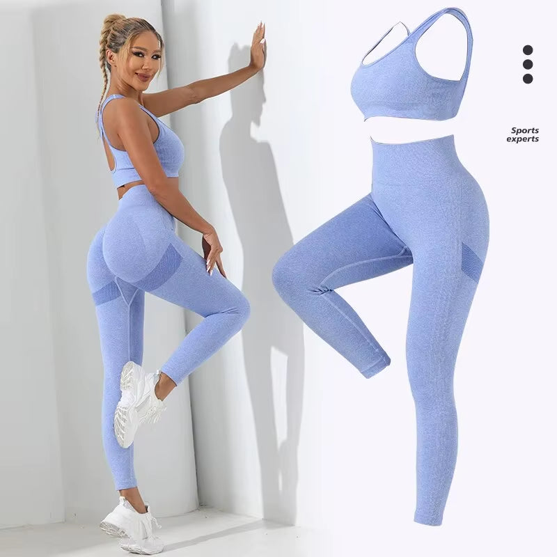 Yoga Basic 2Pcs Seamless High Stretch Yoga Set Tracksuit Gym Set Crisscross Back Cami Hip-Hugging Tummy Control Leggings