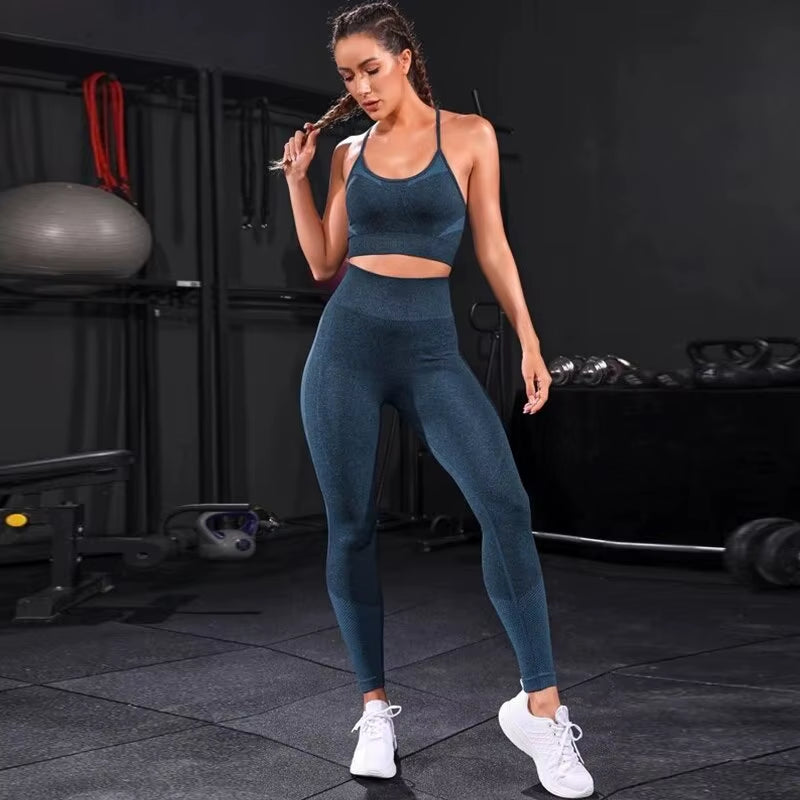 2 Pieces Women'S Tracksuit Seamless Yoga Set Workout Sportswear Gym Clothing High Waist Leggings Fitness Sports Suits